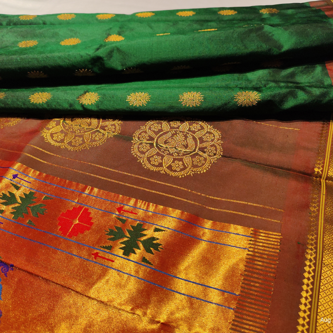 Dark green Paithani Silk Saree with golden brown border