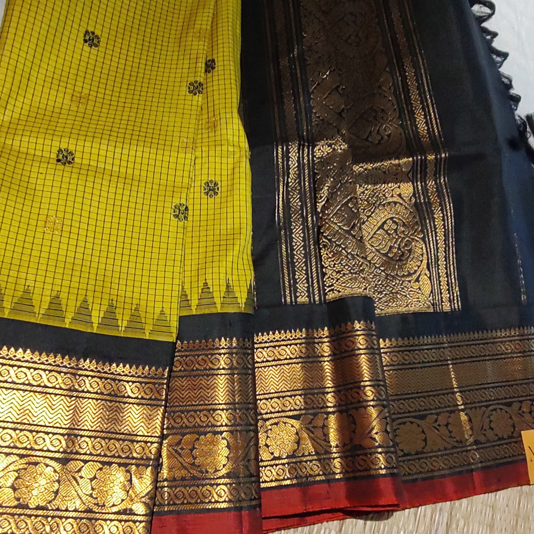 Gadwal Handloom Silk Mustard Yellow with Black