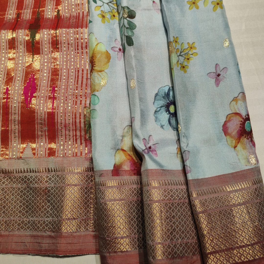 Designer Paithani Silk Saree Light Blue with Aboli pink Border