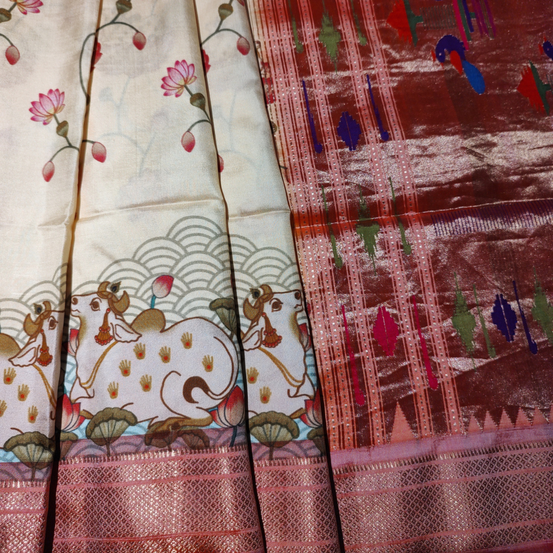 Designer Paithani Silk Saree Pichwai – Off White with Light orange border
