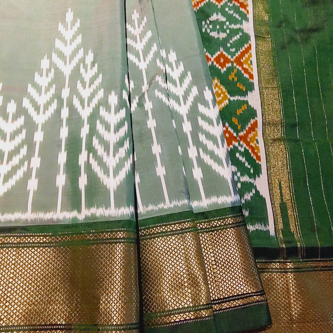Pochampally Handloom Silk Asparagus Green with Bottle Green