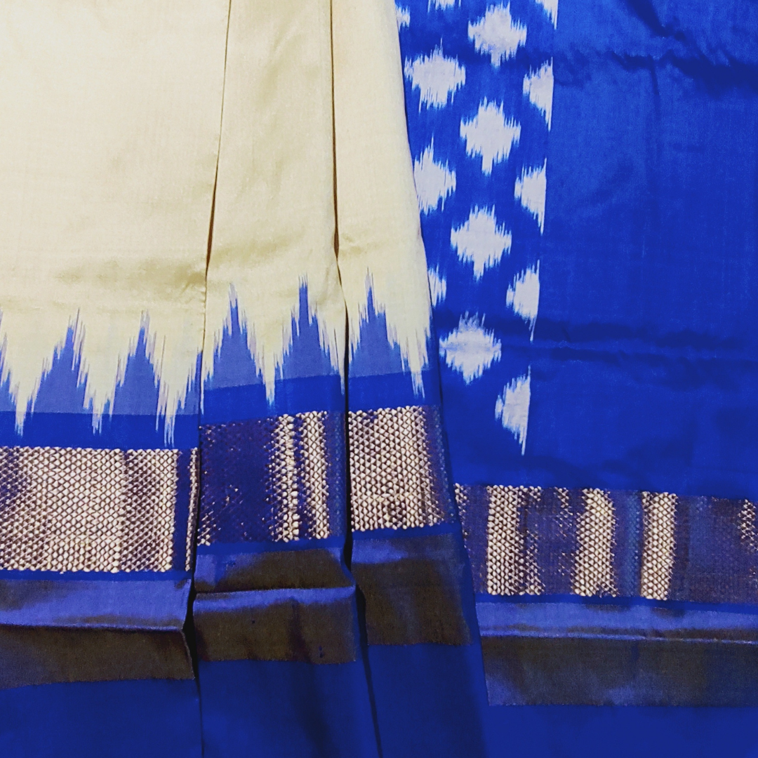 Pochampally Handloom Silk Cream with Dark Blue