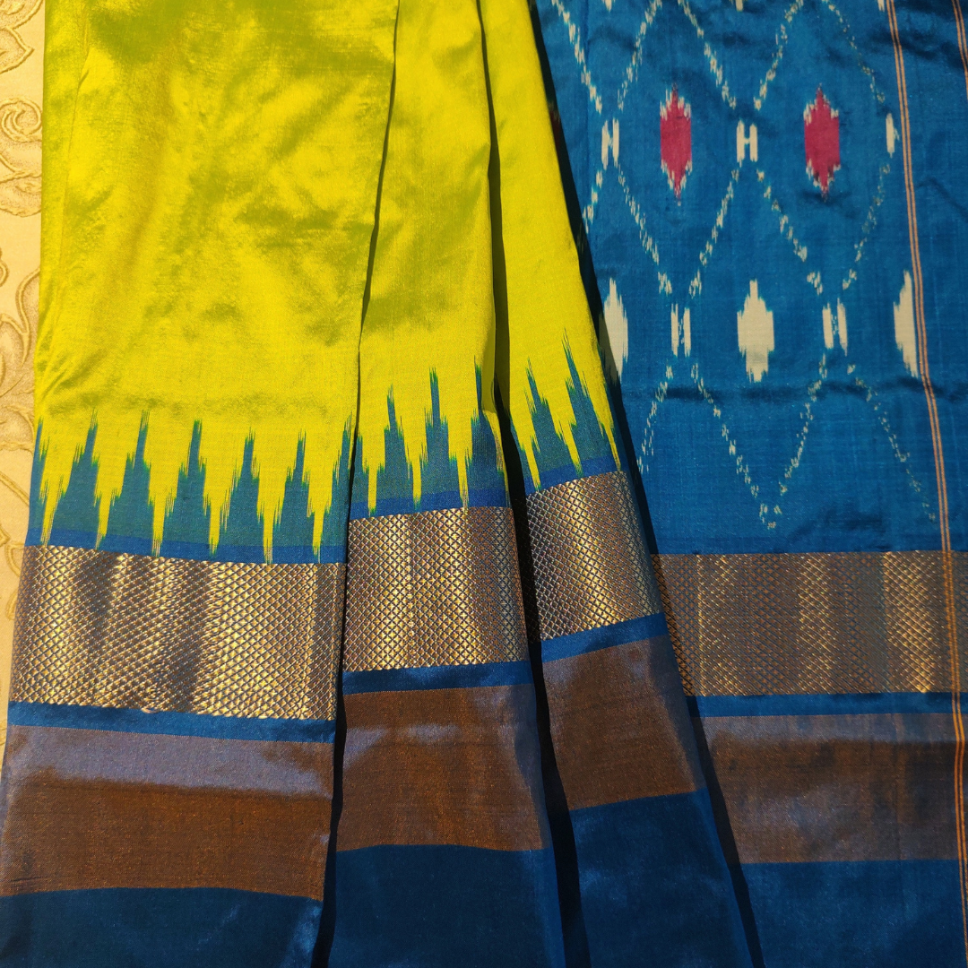Pochampally Handloom Silk Fluorescent Green with Chintamani Blue
