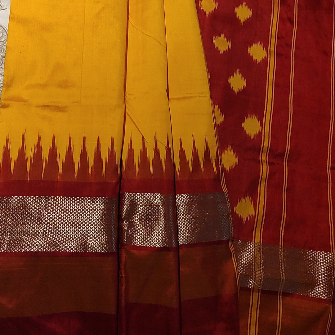 Pochampally Handloom Silk Mango Yellow with Maroon
