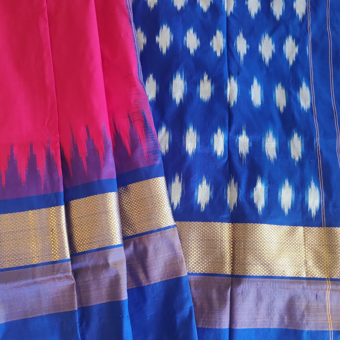 Pochampally Handloom Silk Rose Pink with Dark Blue