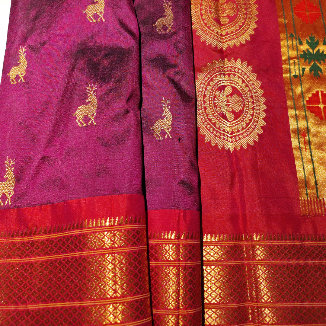 Maroon Paithani Silk Saree with Red Border Dear motifs