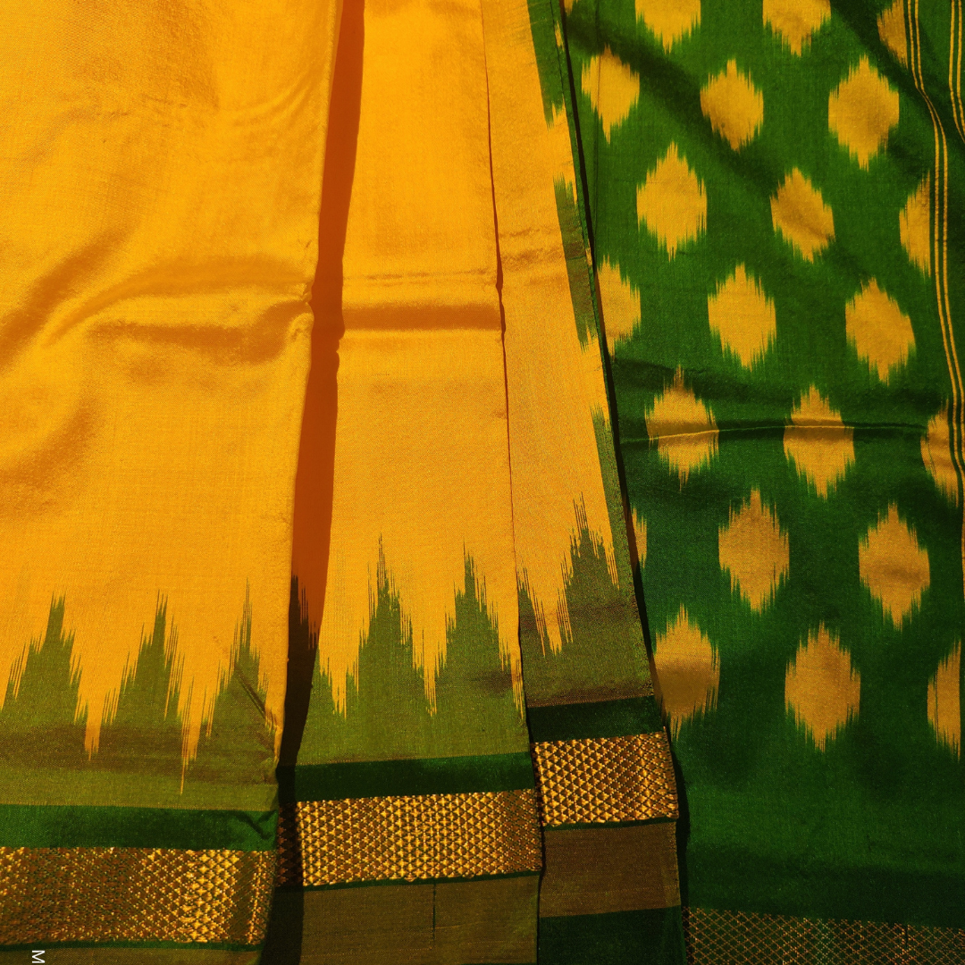 Pochampally Handloom Silk Turmeric Yellow with Dark Green