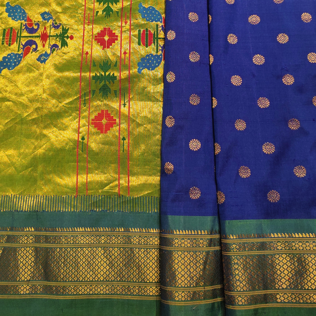 Peacock Blue Paithani Silk Saree with Cian Border