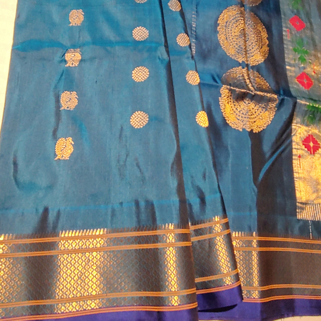Peacock Blue Paithani Silk Saree with Dark Blue border